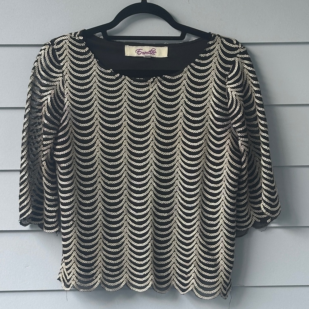 Emmelee Black and Champagne Sequin Scallop Hem Blouse
